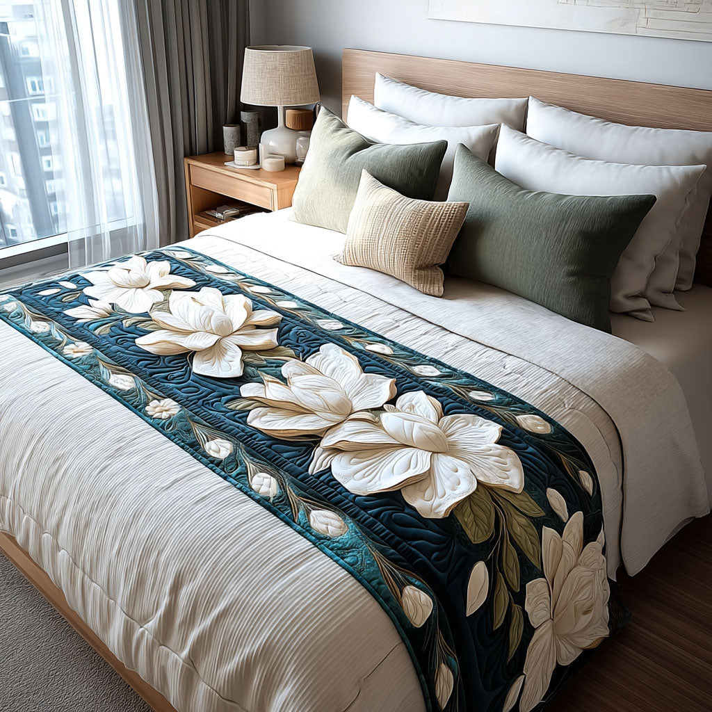 Magnolia on Teal quilted bed runner – white magnolias on deep teal