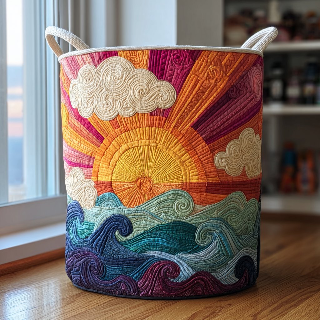 Sunrise Waves quilted laundry basket – sun over waves