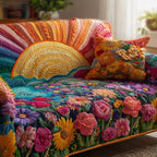 Sunrise Flower Field quilted sofa cover – sun rising over a flower field