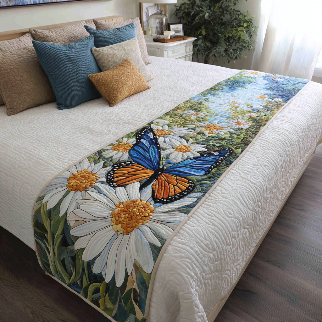 Butterfly and Daisies quilted bed runner – butterfly resting on white daisies