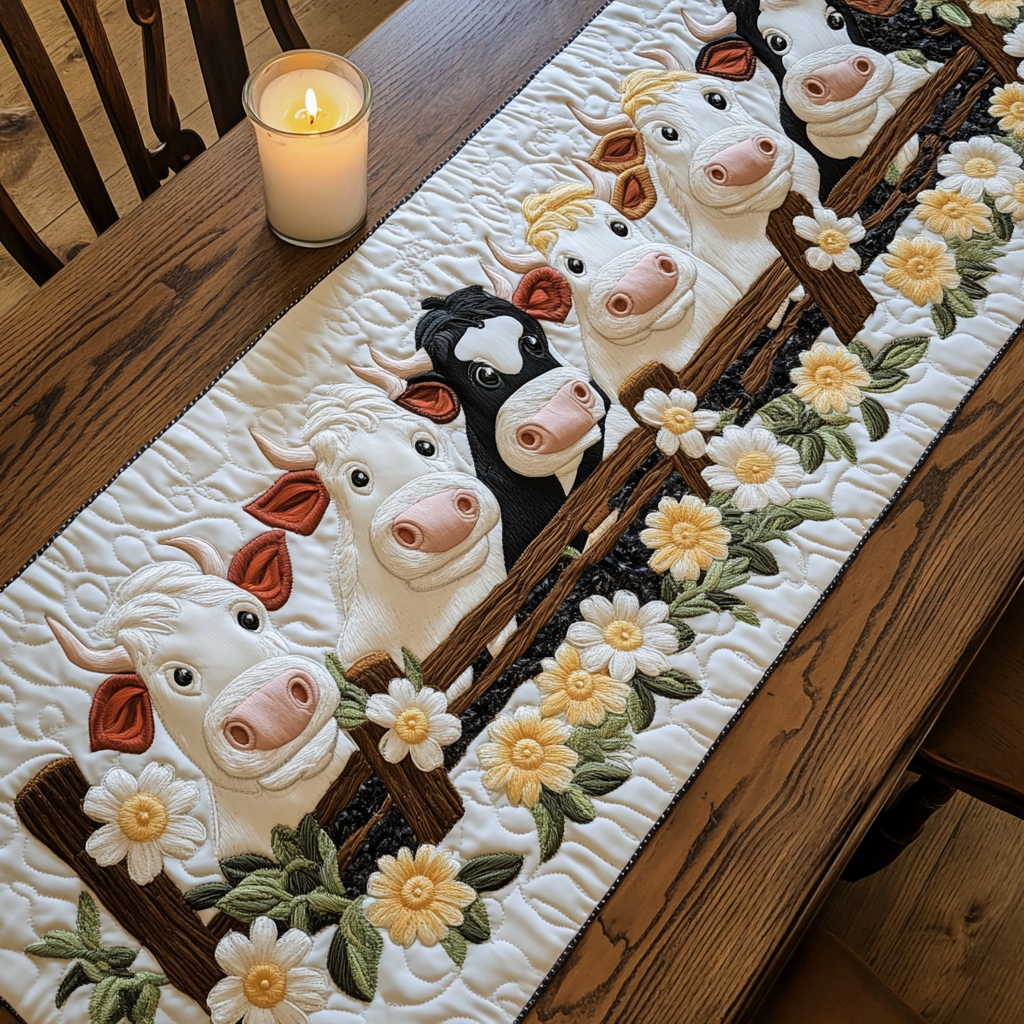 Meadow Cows quilted table runner – cows peeping over a fence