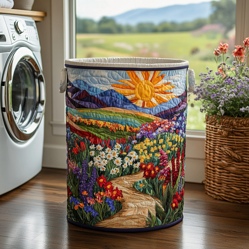 Quilted laundry basket with songbirds perched among tall grasses and wild flowers in the Meadow Song design
