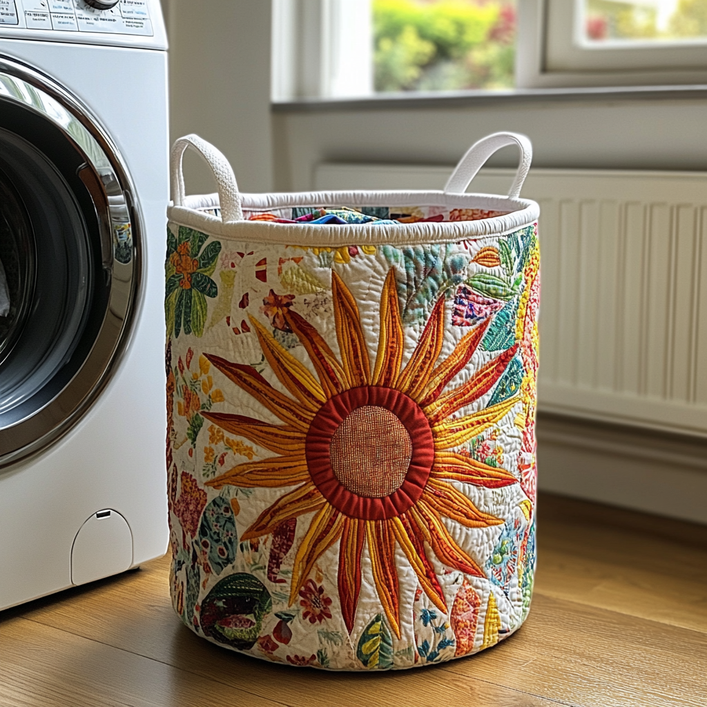 Quilted laundry basket with bold sunbursts opening like flower heads in ochre and rust in the Meadow Sunburst design