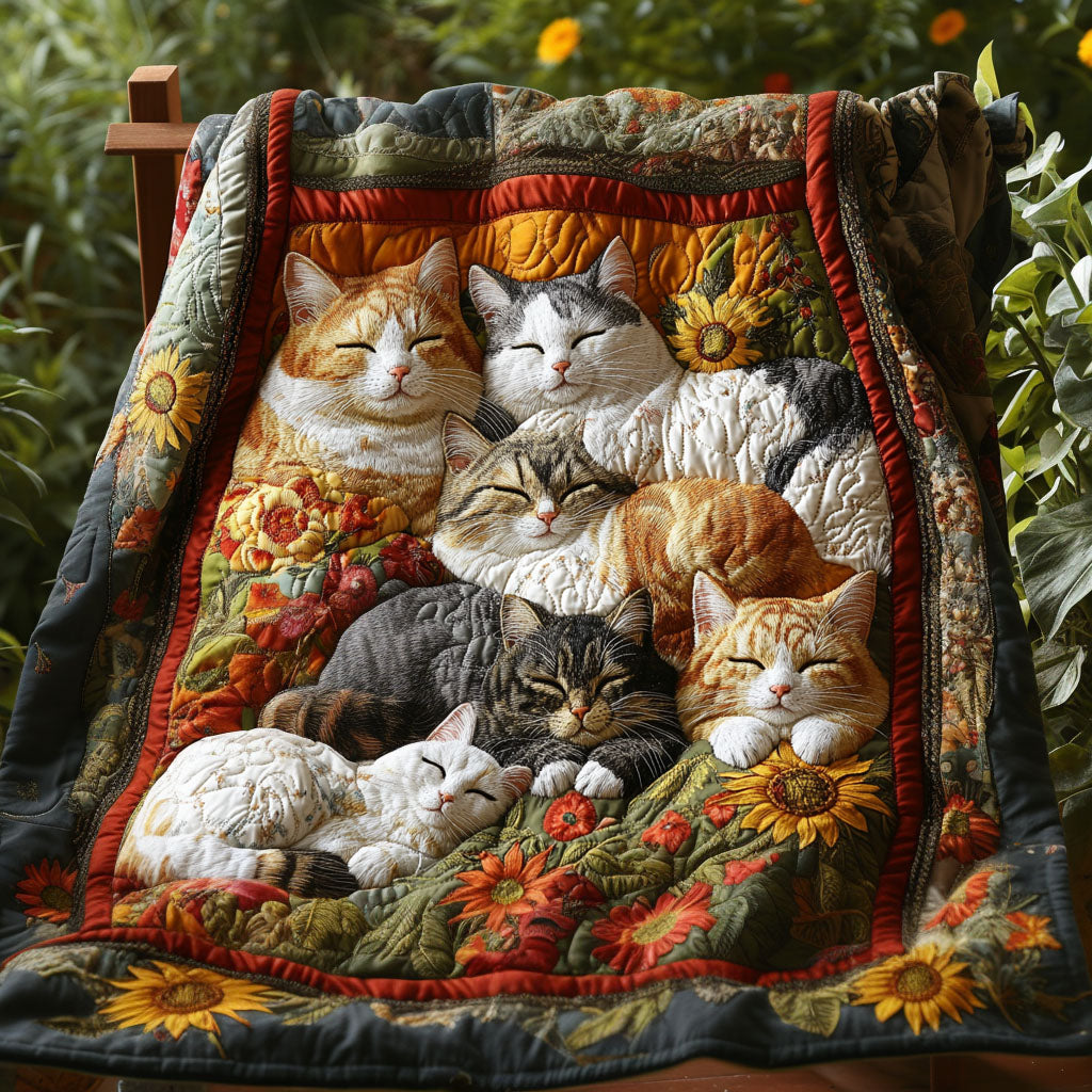 Cats Asleep in the Meadow quilted throw – cats dozing among sunflowers