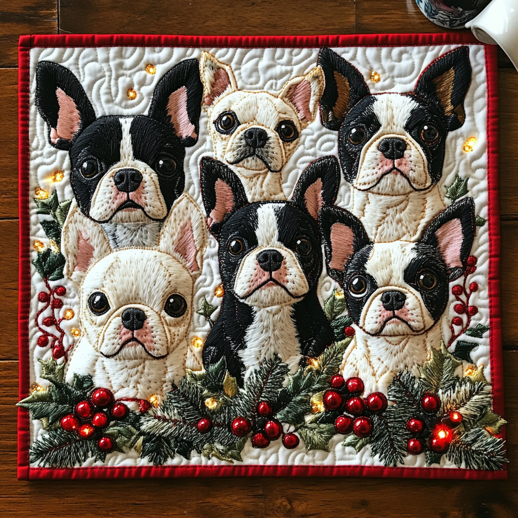 Merry Boston Terriers quilted placemats – boston terriers with holly