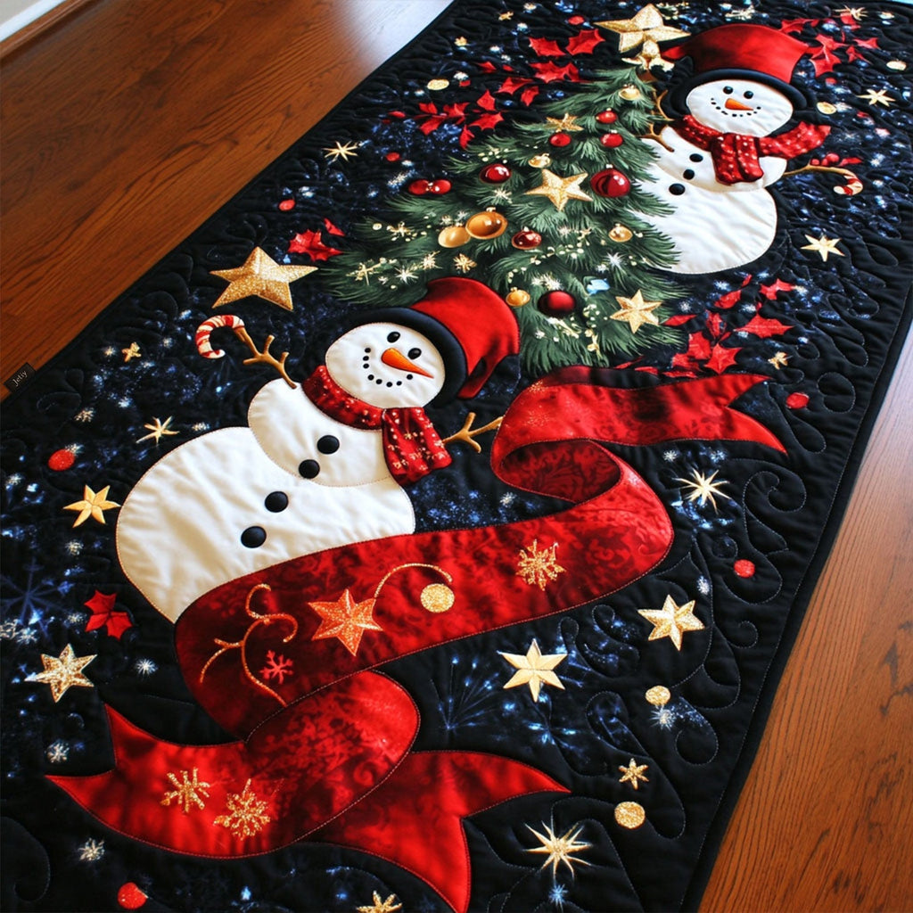 Snowman Ribbon quilted table runner – snowmen with a red ribbon