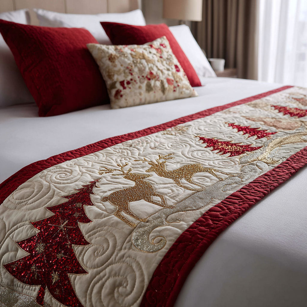 Reindeer and Red Pines quilted bed runner – golden reindeer and red pines