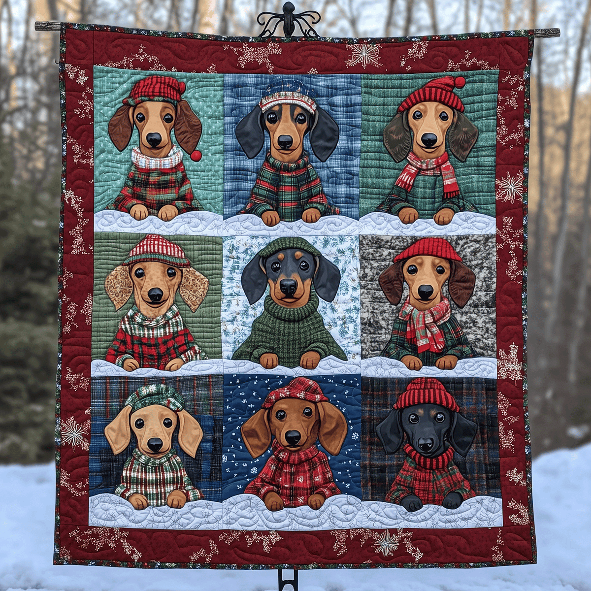 Dachshund Plaid Christmas art quilt – dachshunds on plaid