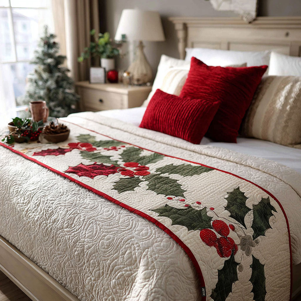 Holly Leaves quilted bed runner – holly leaves and red berries on cream