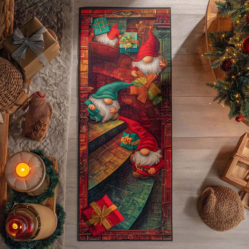 Festive Gnome Trail hallway runner – gnomes on a red slide