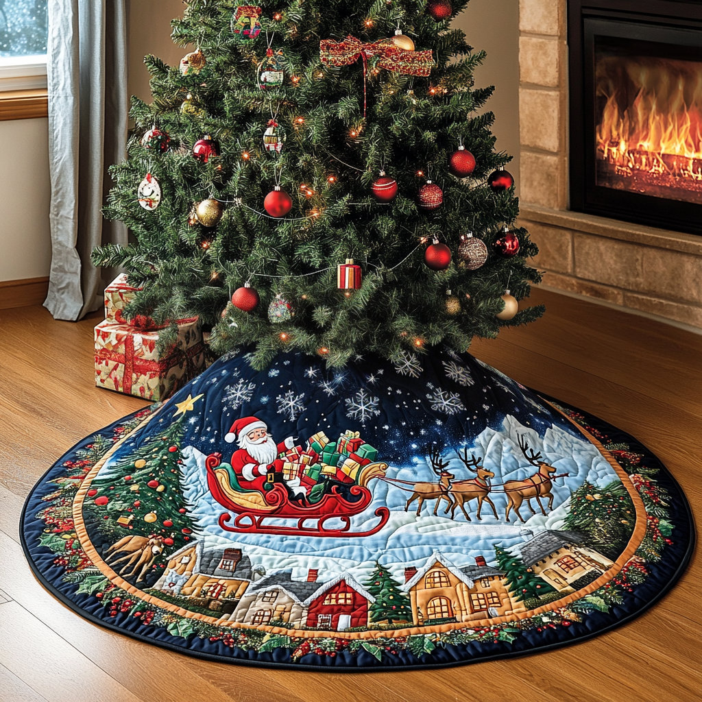 Santa's Sleigh Ride quilted Christmas tree skirt – santa's sleigh over a snowy village on navy