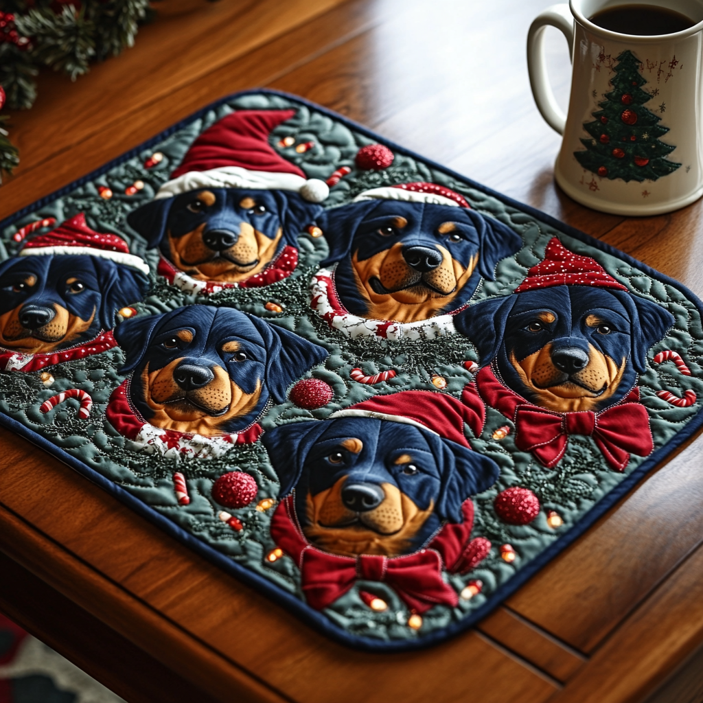 Merry Rottie quilted placemats – rottweilers in Santa hats