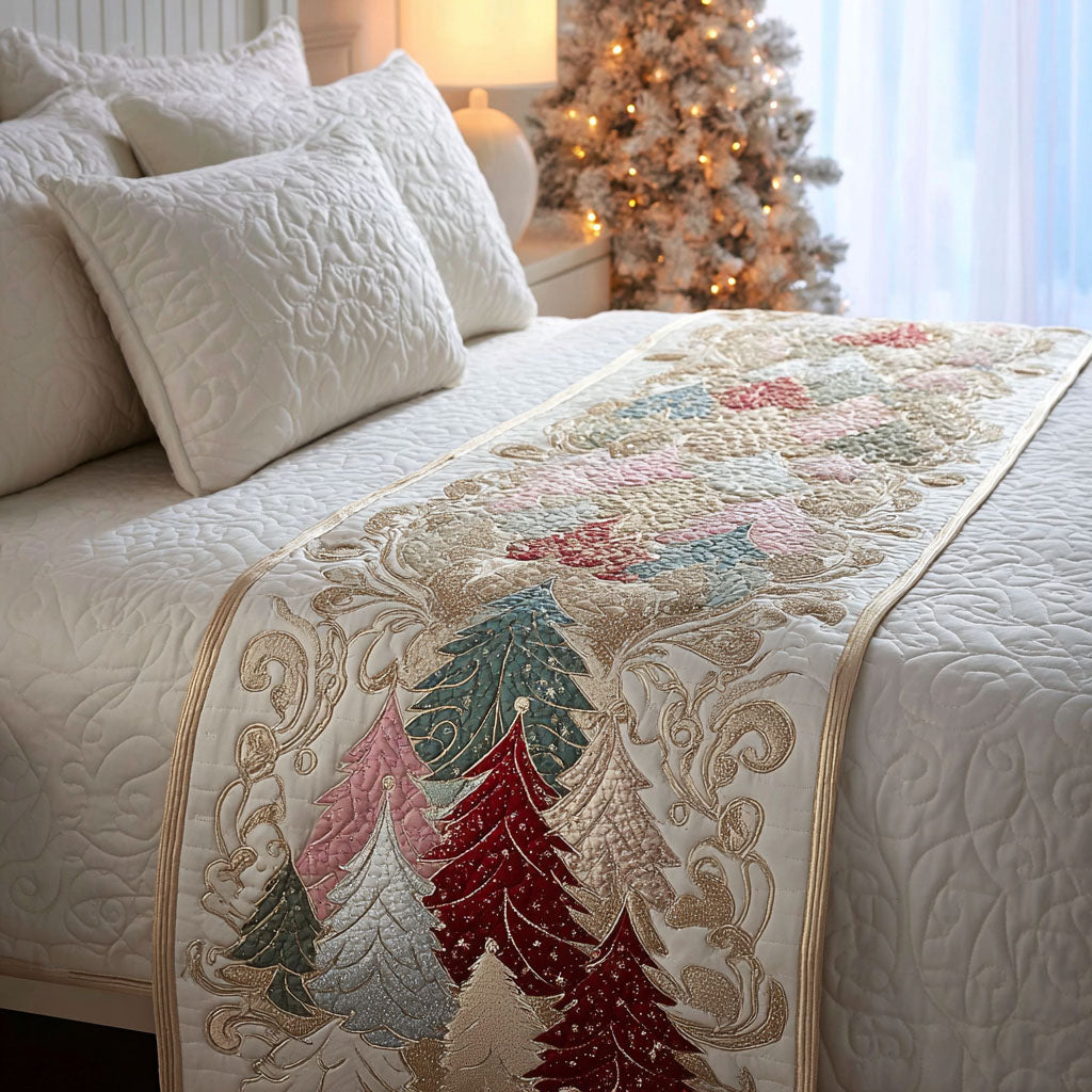 Embroidered Pines quilted bed runner – embroidered pine trees on cream
