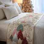 Embroidered Pines quilted bed runner – embroidered pine trees on cream