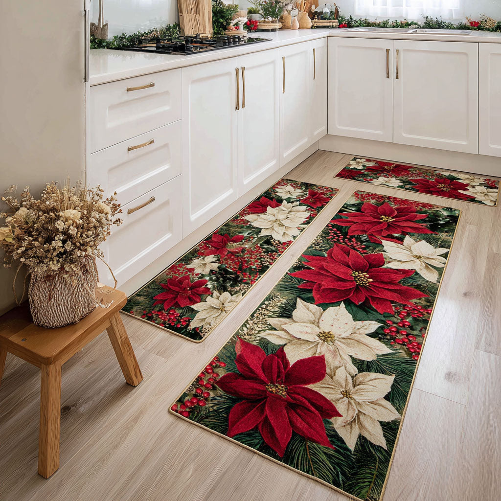 Festive Path kitchen mat set – poinsettias on green