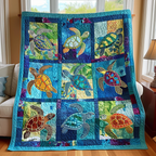 Turtle Window Squares quilted throw – sea turtles in turquoise squares