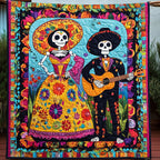 Fiesta Couple quilted throw – skeleton couple with guitar in a floral frame