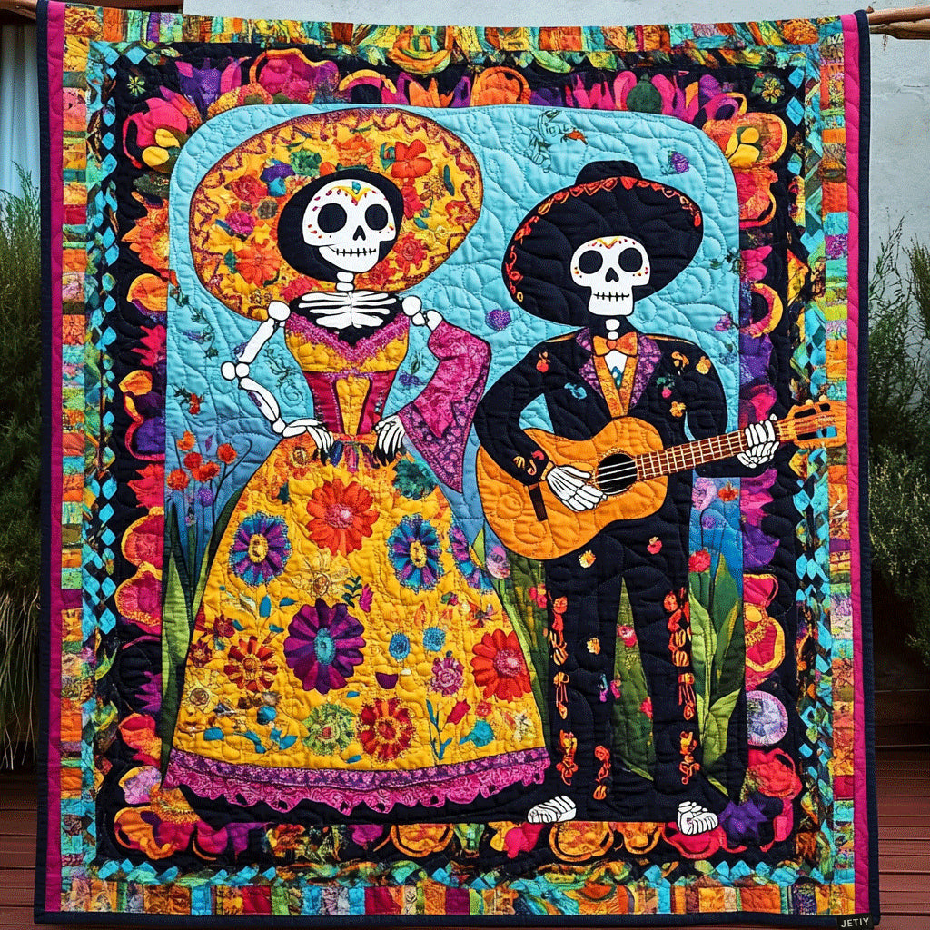 Fiesta Couple quilted throw – skeleton couple with guitar in a floral frame