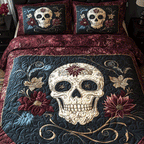 Sugar Skull Burgundy quilted bedspread set – sugar skull with flowers on black and burgundy