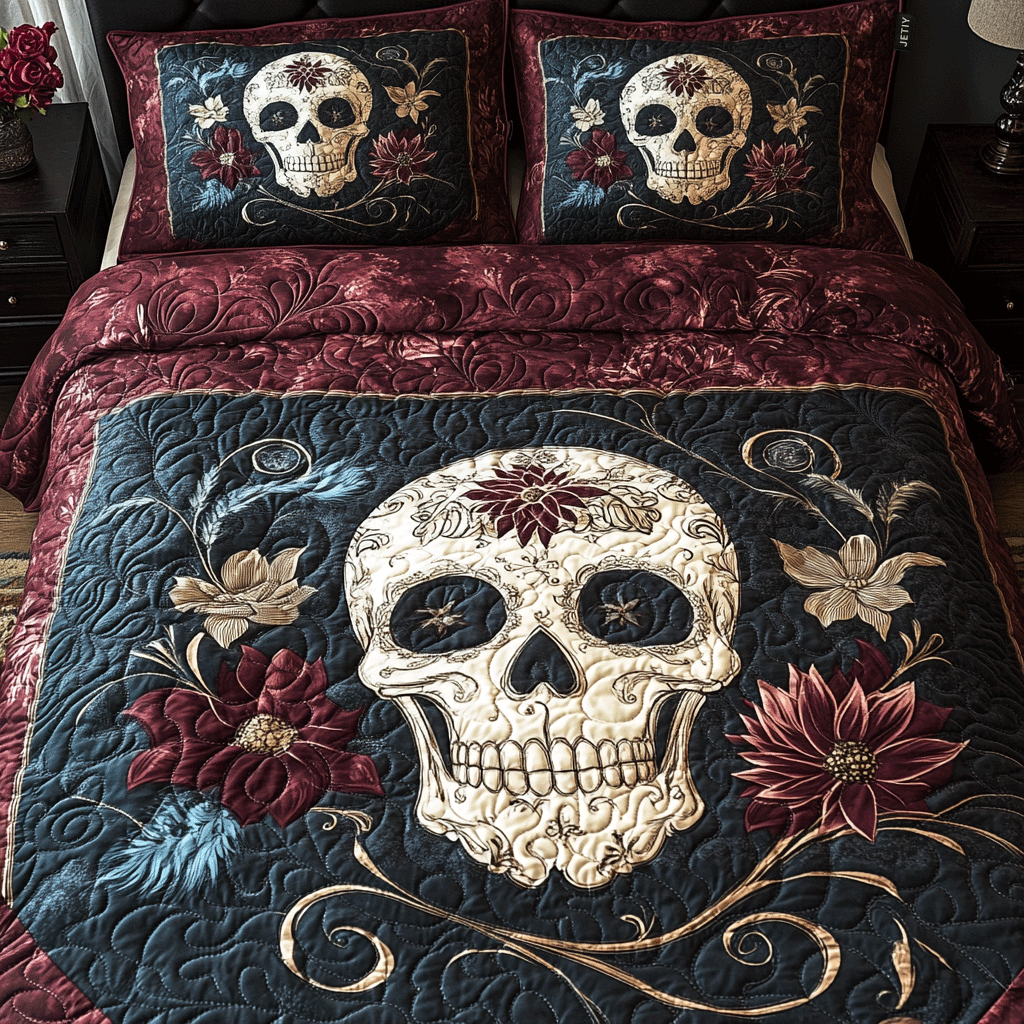Sugar Skull Burgundy quilted bedspread set – sugar skull with flowers on black and burgundy
