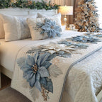 Blue Poinsettias quilted bed runner – soft blue poinsettias on white