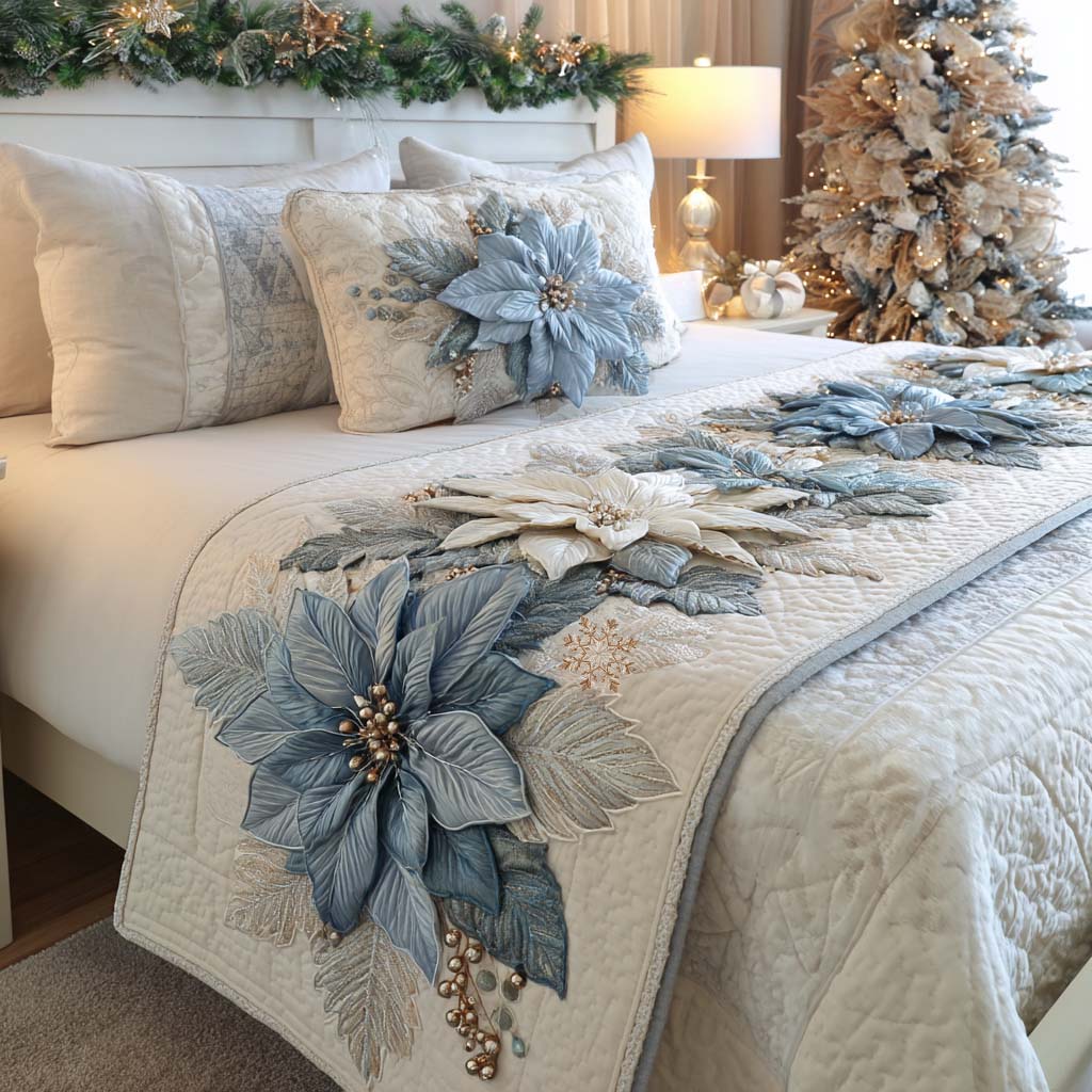 Blue Poinsettias quilted bed runner – soft blue poinsettias on white