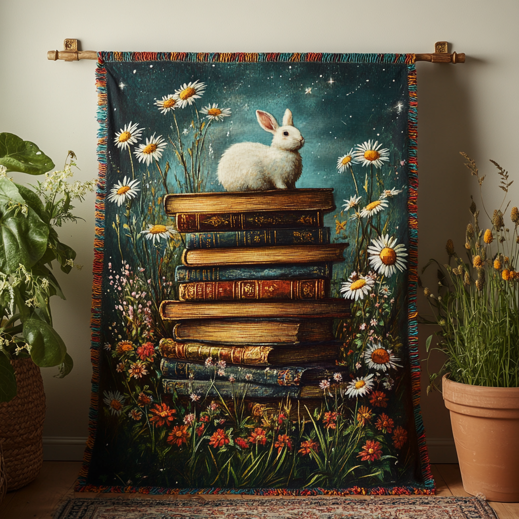 Bunny Storytime woven sofa throw – bunny on a stack of books