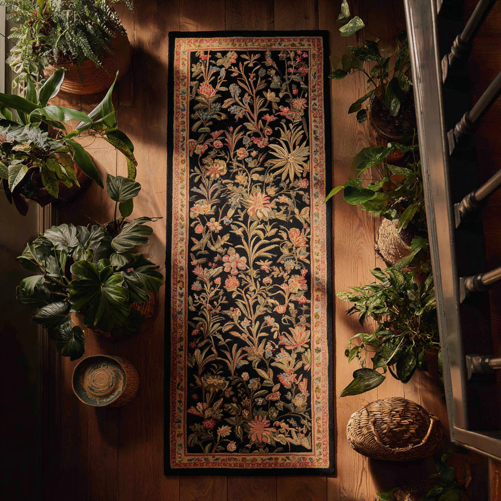 Midnight Botanica hallway runner – gold botanicals on black