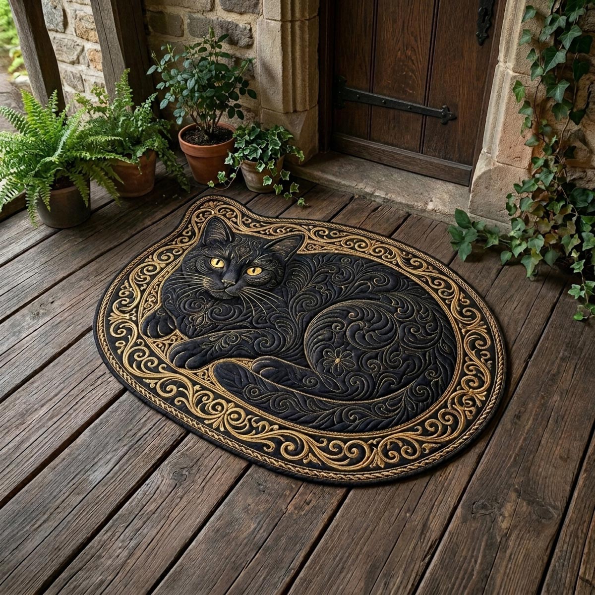 Midnight Cat Oval shaped doormat – black cat in oval