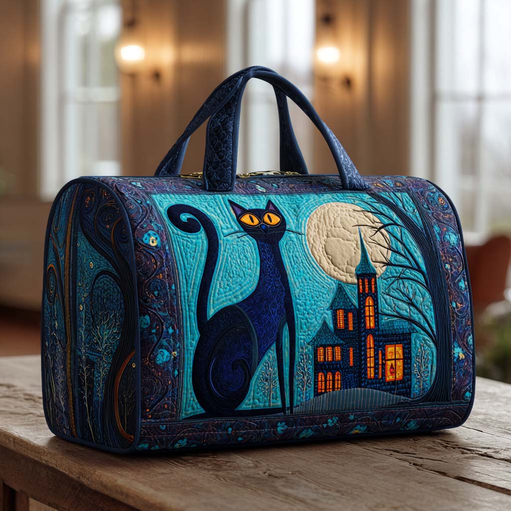 Midnight Cats quilted weekend bag – cat under moon