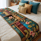 Rose Library quilted bed runner – book spines among climbing roses