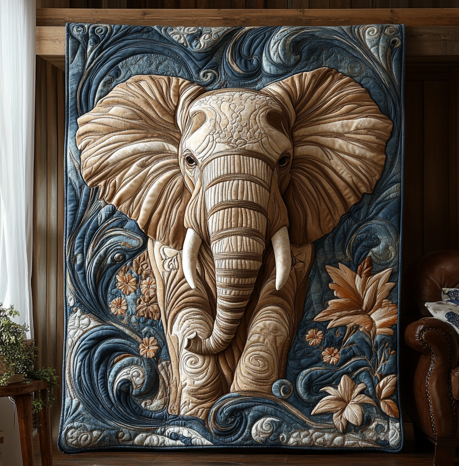 Navy Swirl Elephant quilted throw – cream elephant among navy swirls