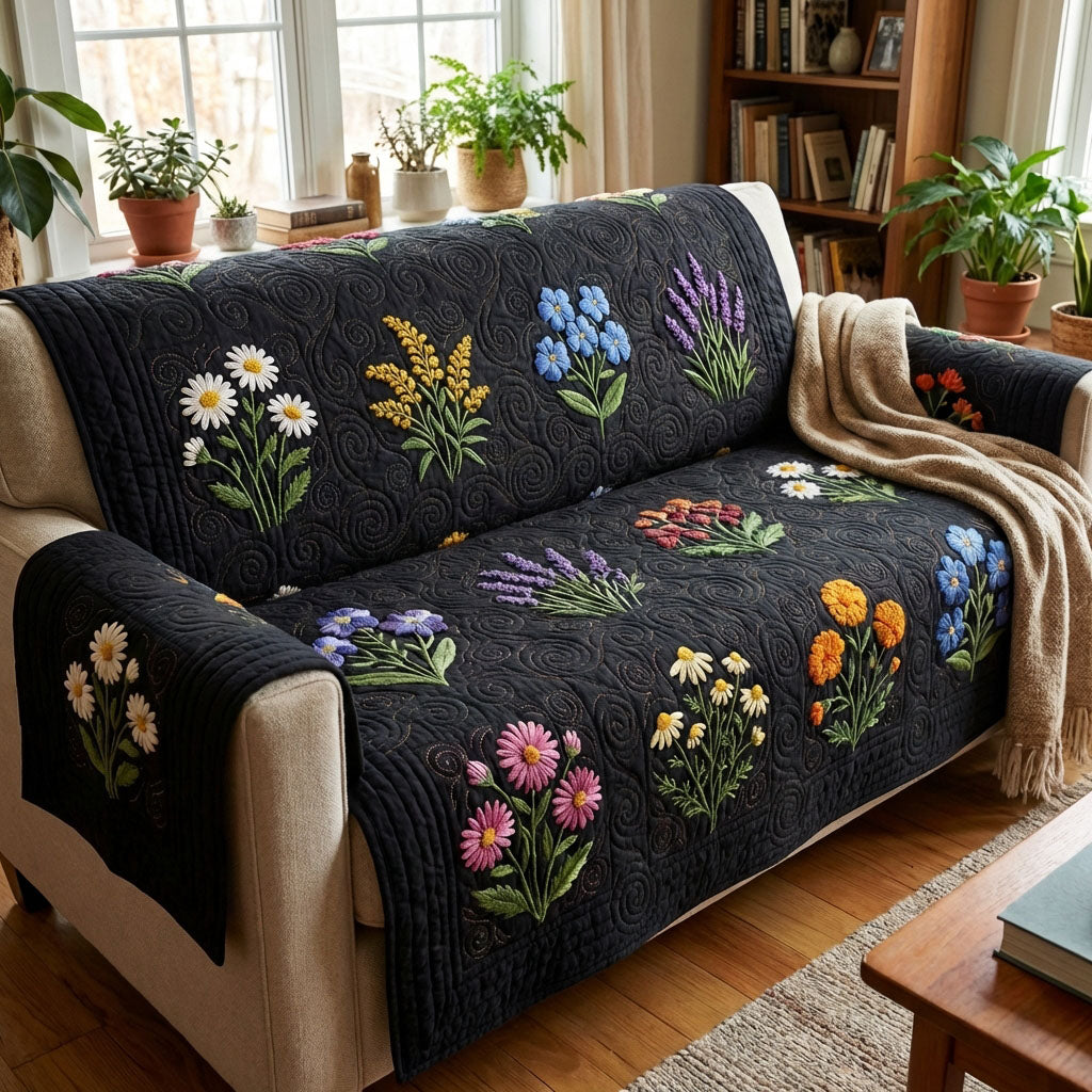 Midnight Wildflowers quilted sofa cover – wildflowers on deep black