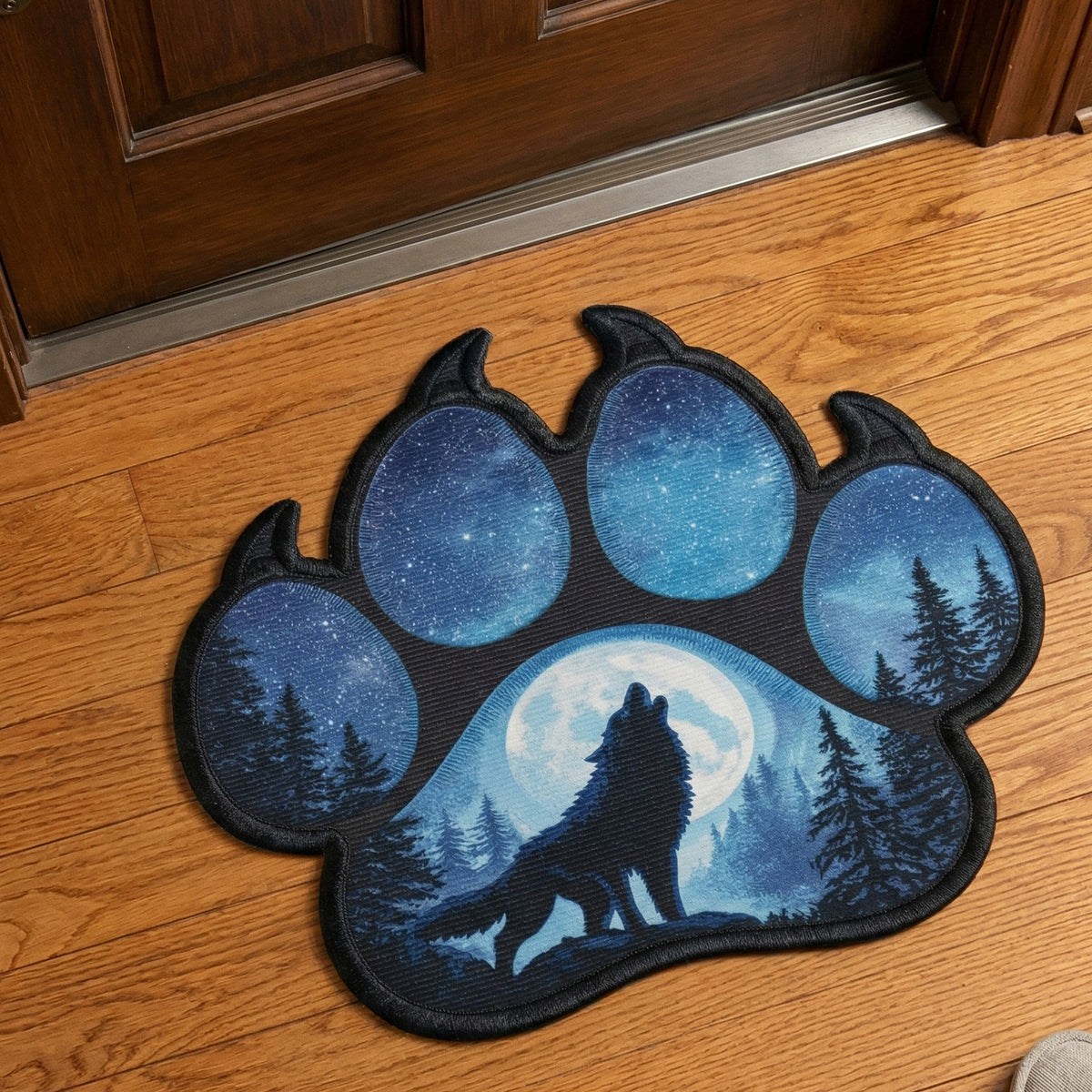 Midnight Howl shaped doormat – wolf in paw print