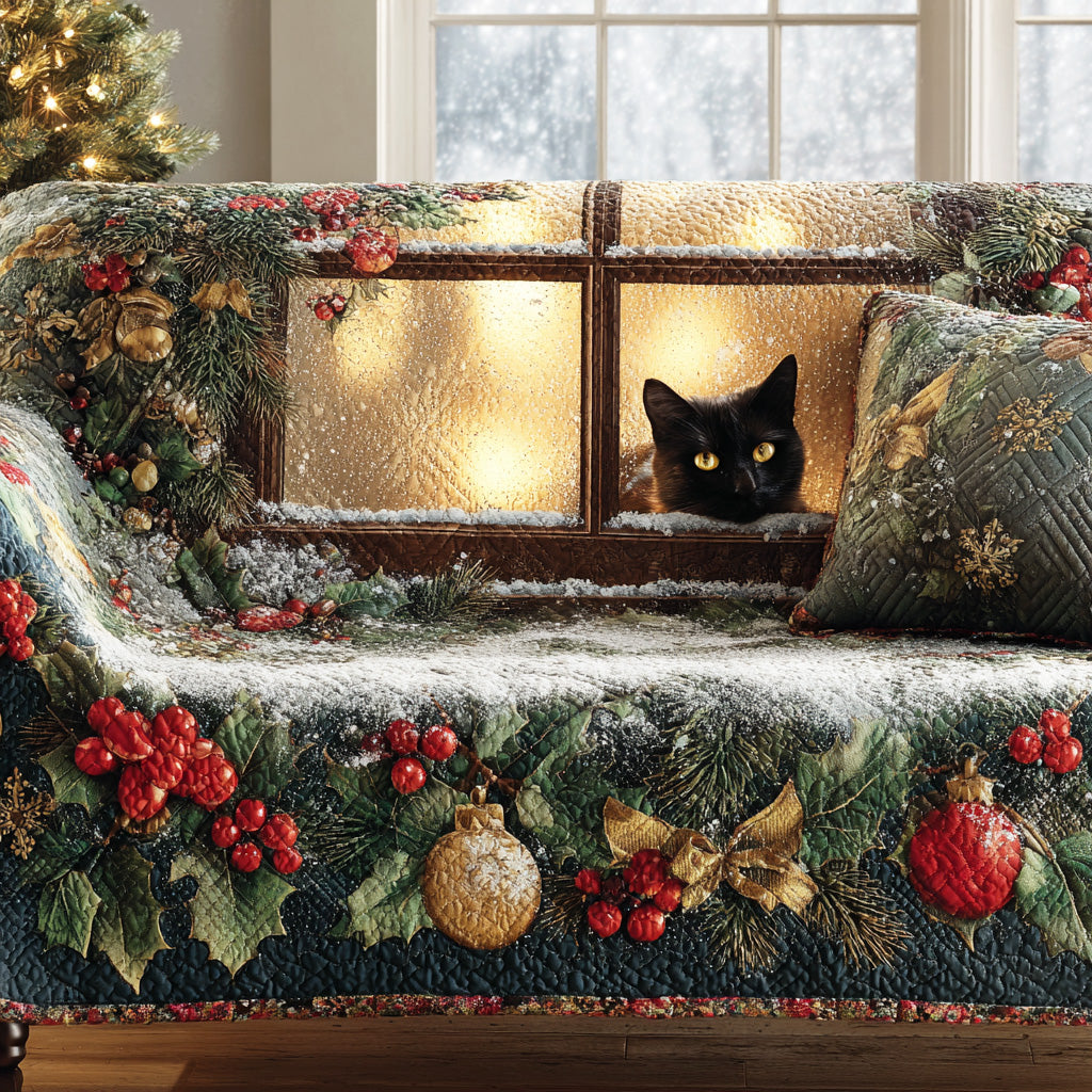 Black Cat Window quilted sofa cover – black cat in a festive window