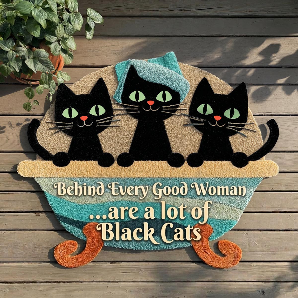 Midnight Paws Black Cats shaped doormat – black cats in tub