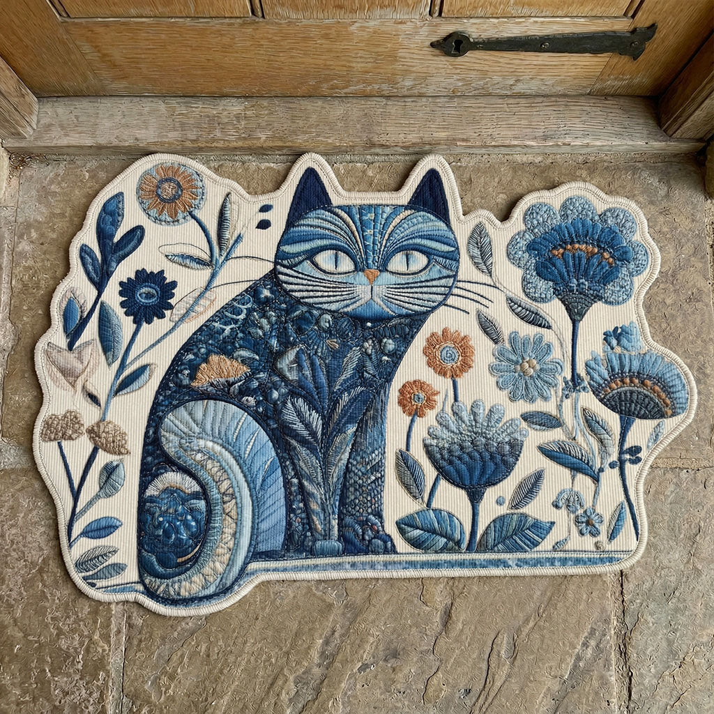 Midnight Posy Cat shaped doormat – blue folk cat