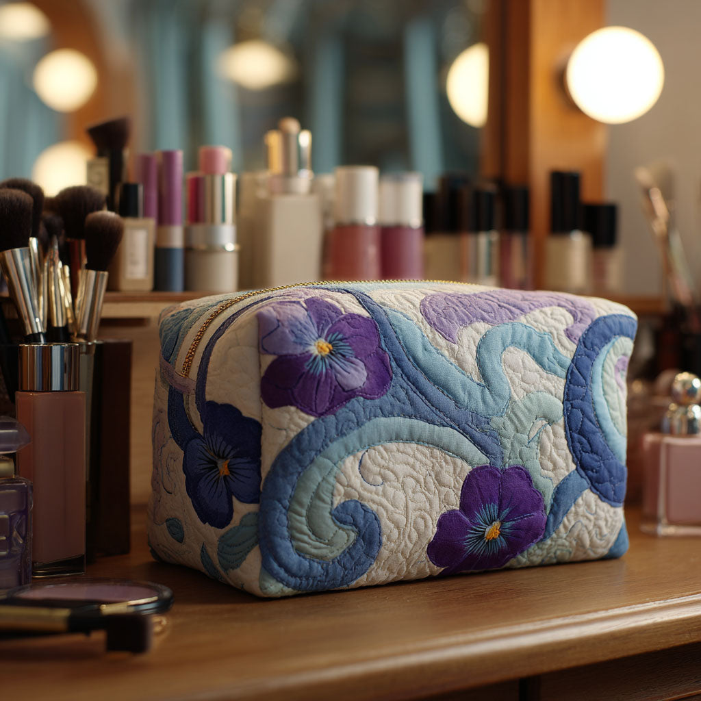 Midnight Violet quilted make-up bag with violet flowers on sweeping blue swirls over cream