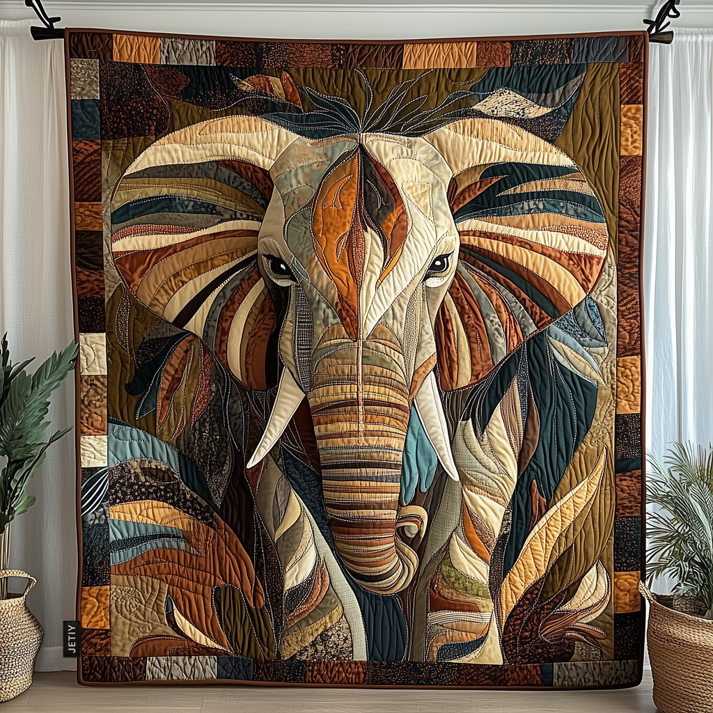 Feather Ear Elephant quilted throw – elephant with feather-patterned ears in gold