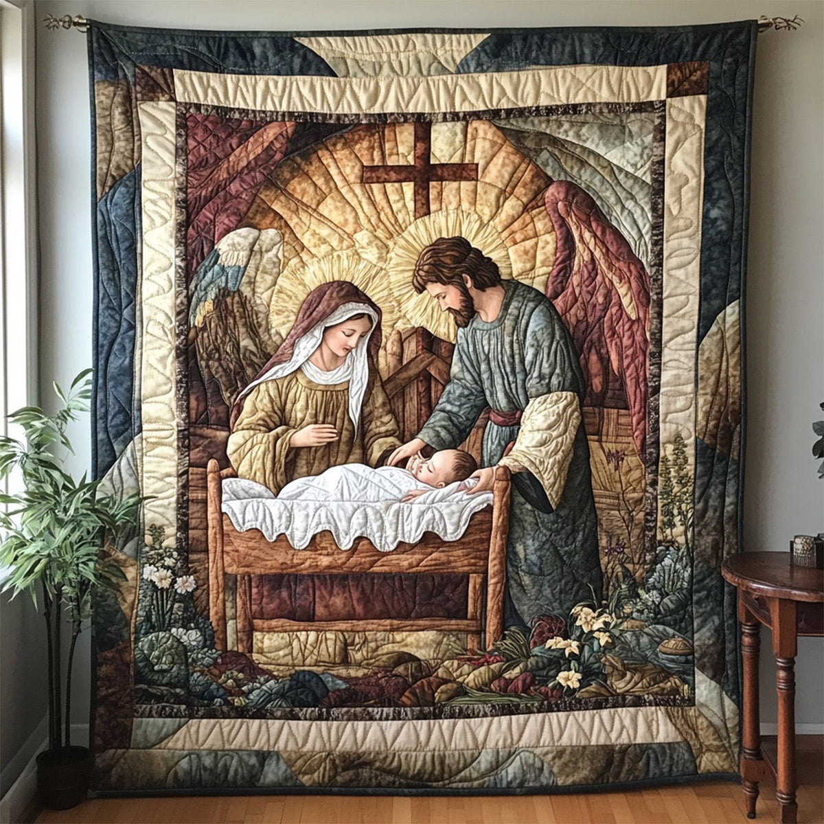 Stable Cradle art quilt – holy Family with cradle