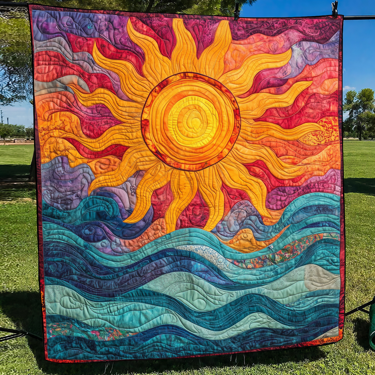 Quilted Throw - Sun over Teal Waves – view 2