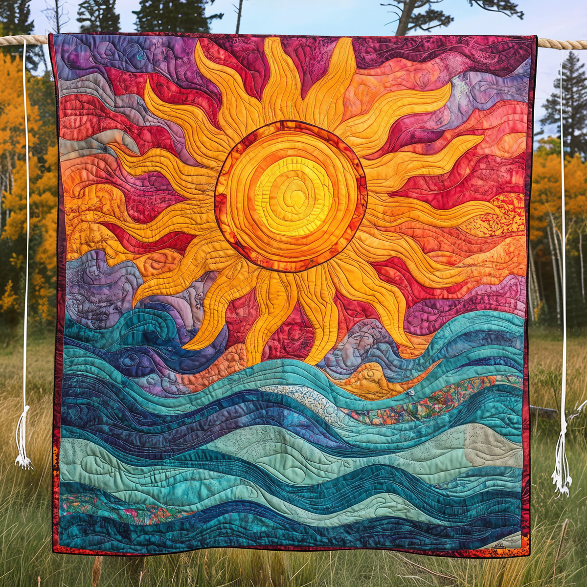 Quilted Throw - Sun over Teal Waves – view 3