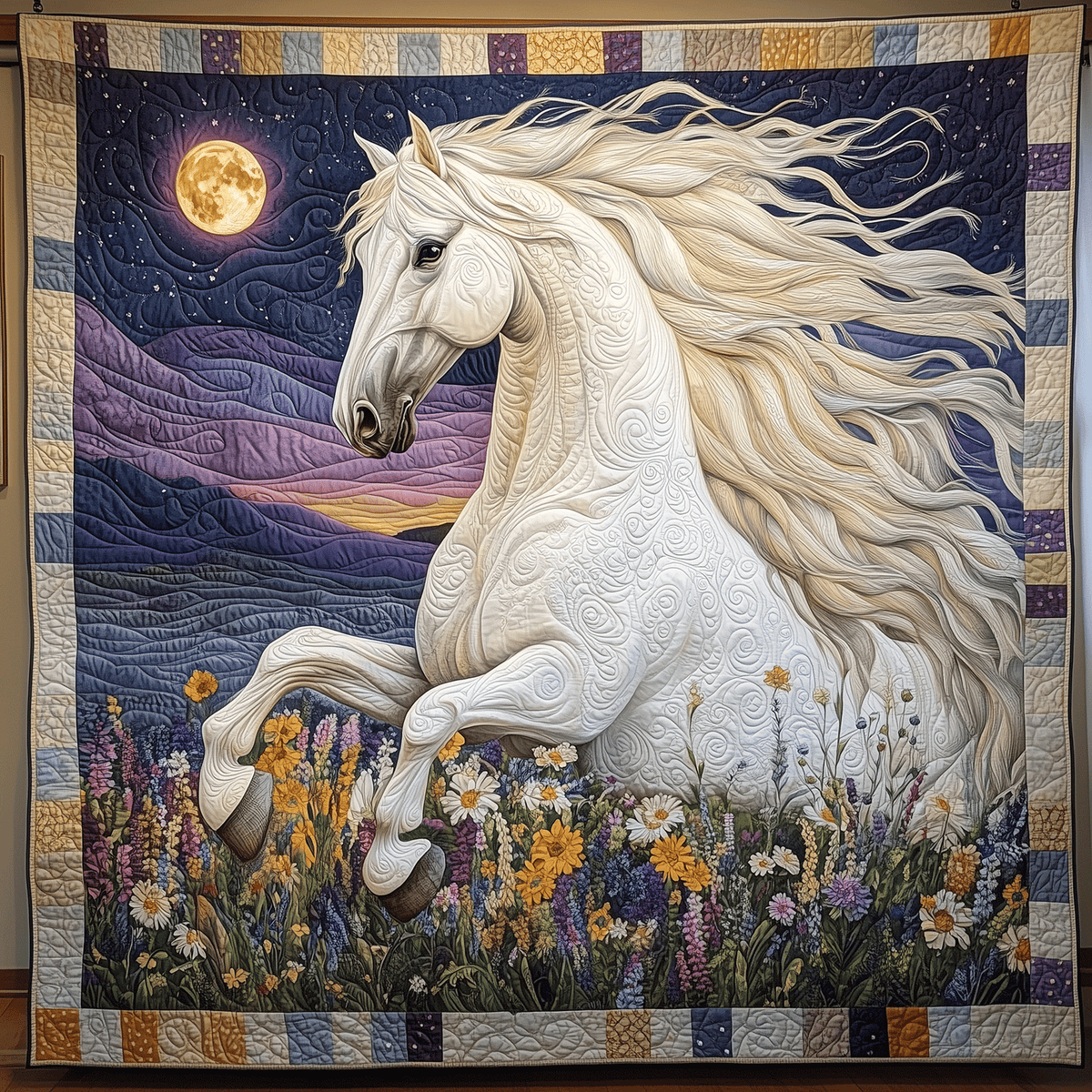 Moonlit Meadow Horse art quilt – horse under the moon