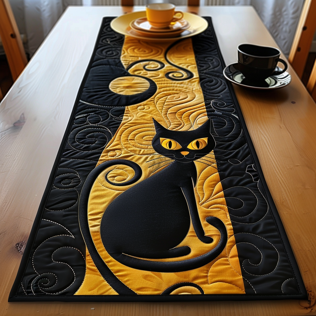 Black Cat Gold quilted table runner – black cat on gold