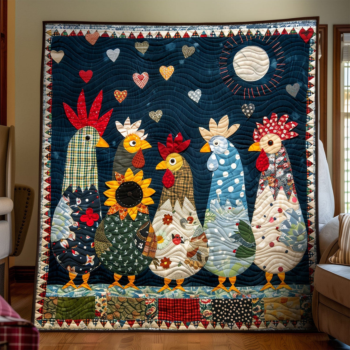 Starry Hens art quilt – hens under the stars