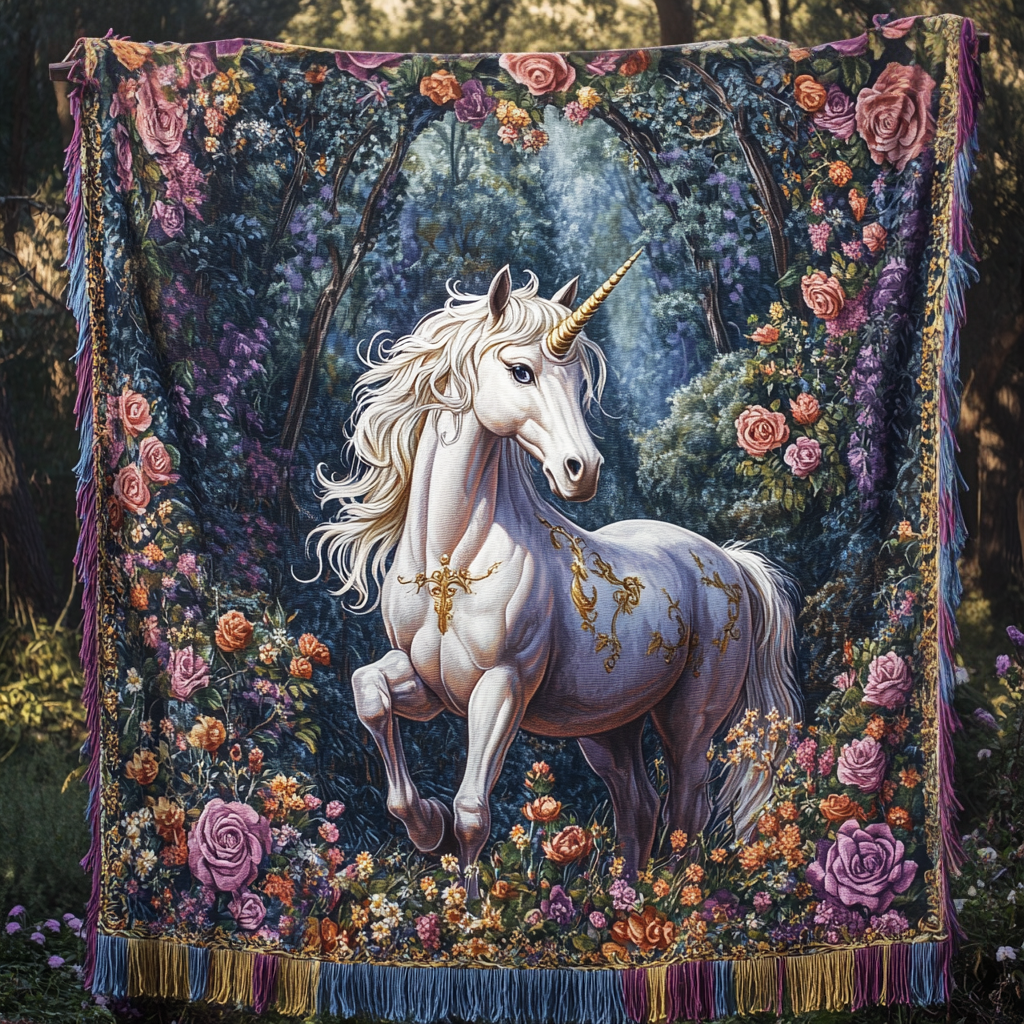 Unicorn Rose Garden woven sofa throw – unicorn in a rose garden