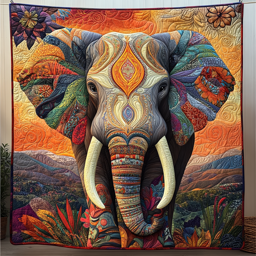 Sunset Hills Elephant quilted throw – patterned elephant before an orange sunset