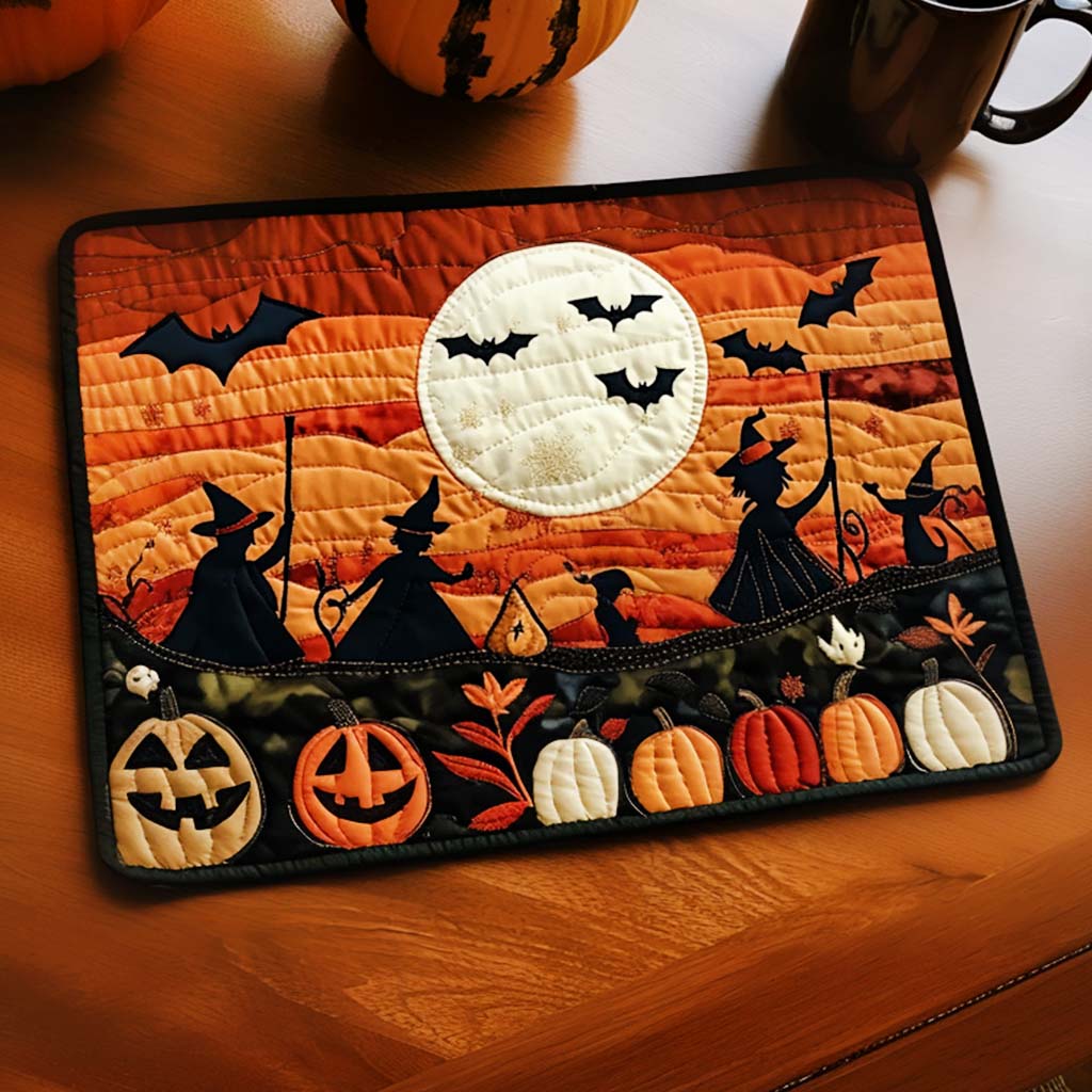 Moonlit Halloween quilted placemats – witches under a full moon