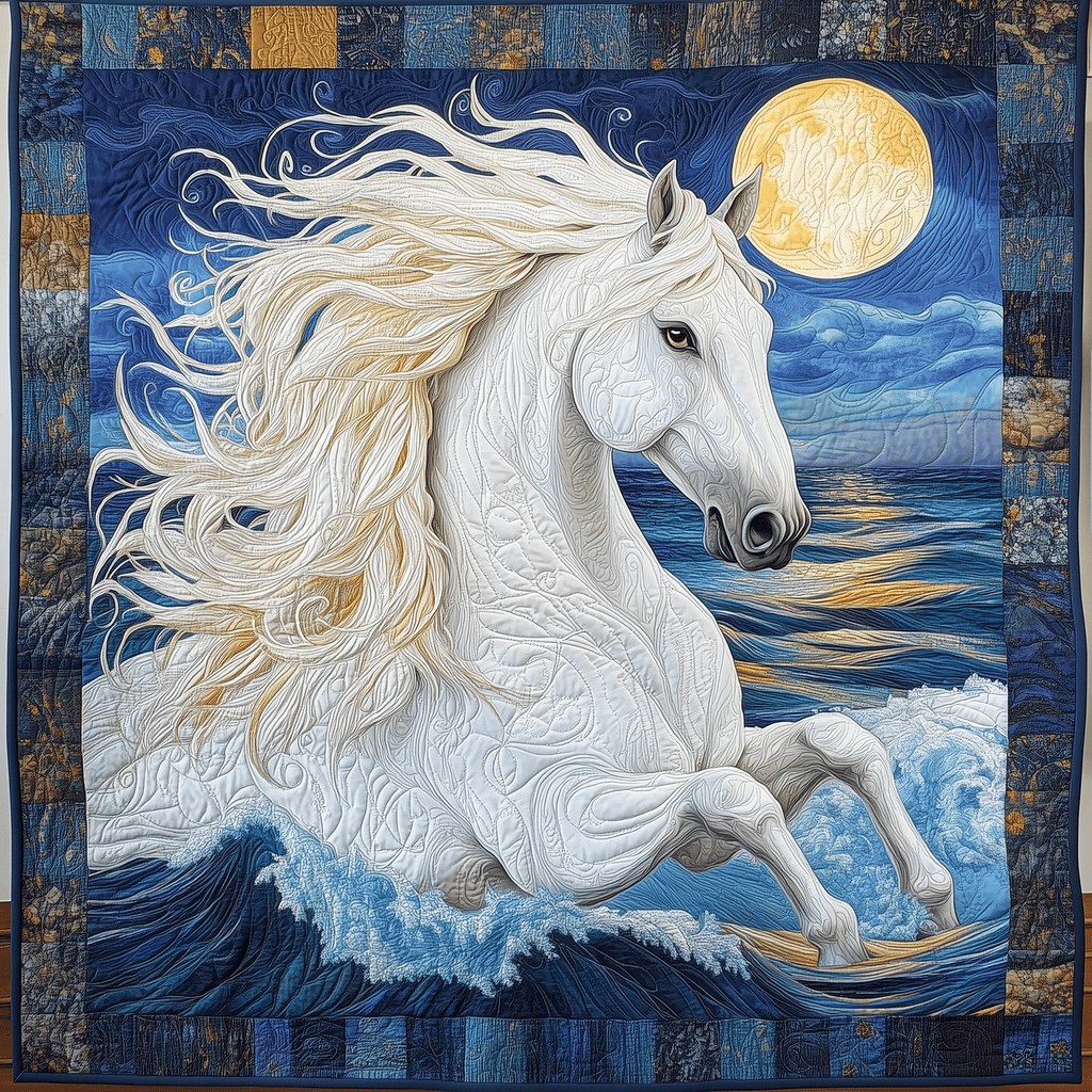 Ocean Moon Horse art quilt – horse in the waves