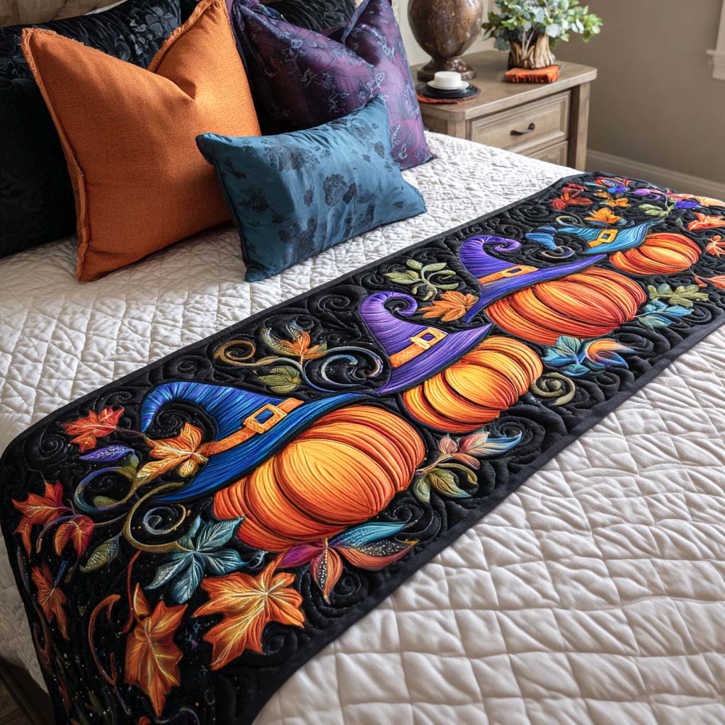 Witch Hat Pumpkins quilted bed runner – pumpkins and a witch hat on navy